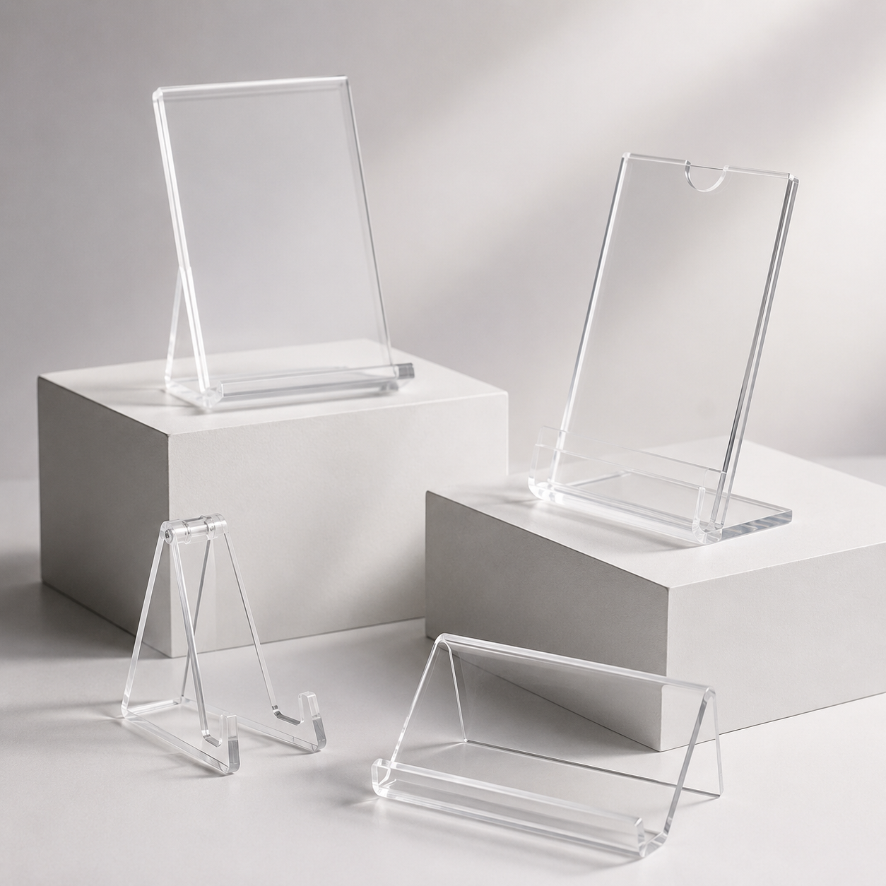 Clear acrylic display stands on a white background