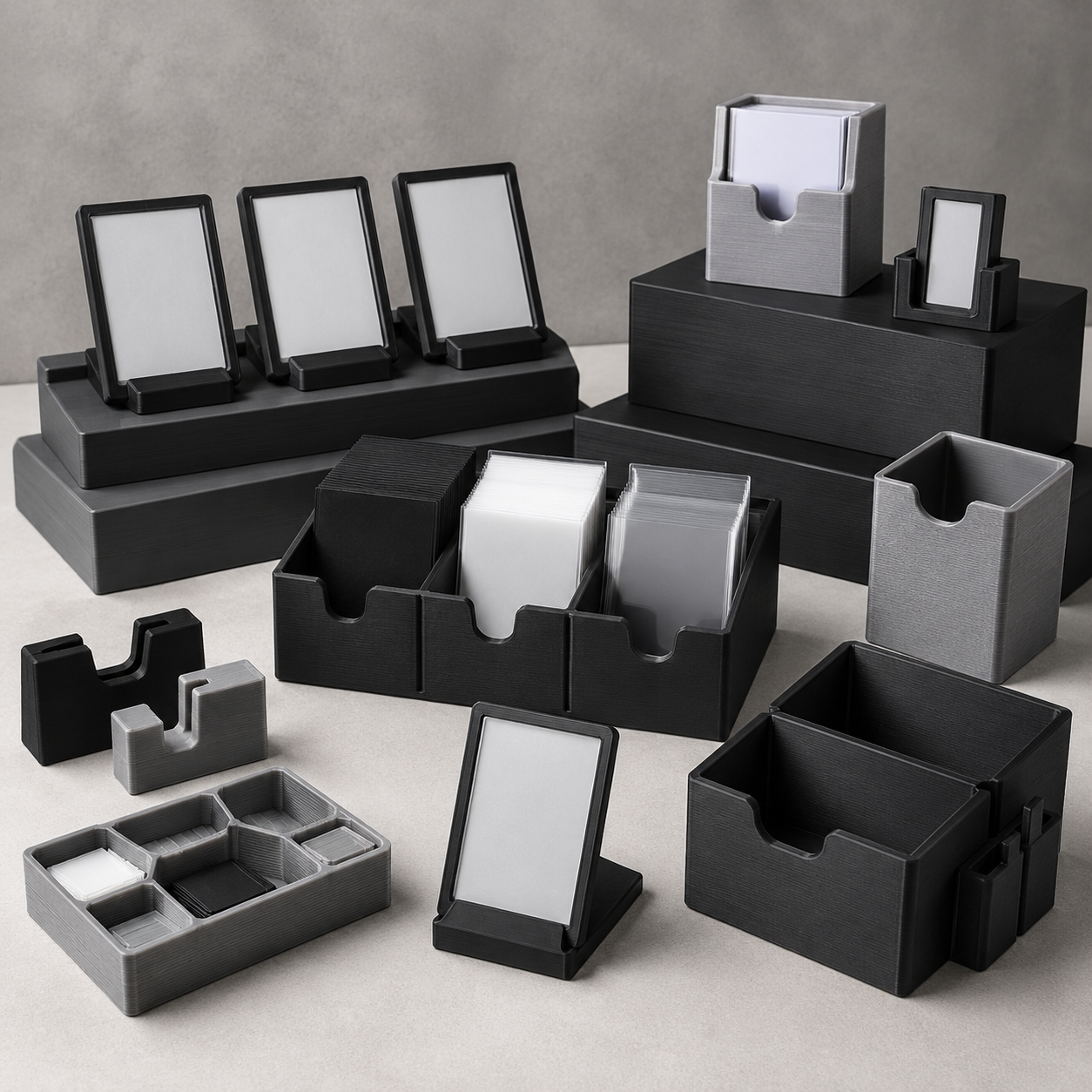 Collection of black and gray desk organizers on a light surface with a gray background
